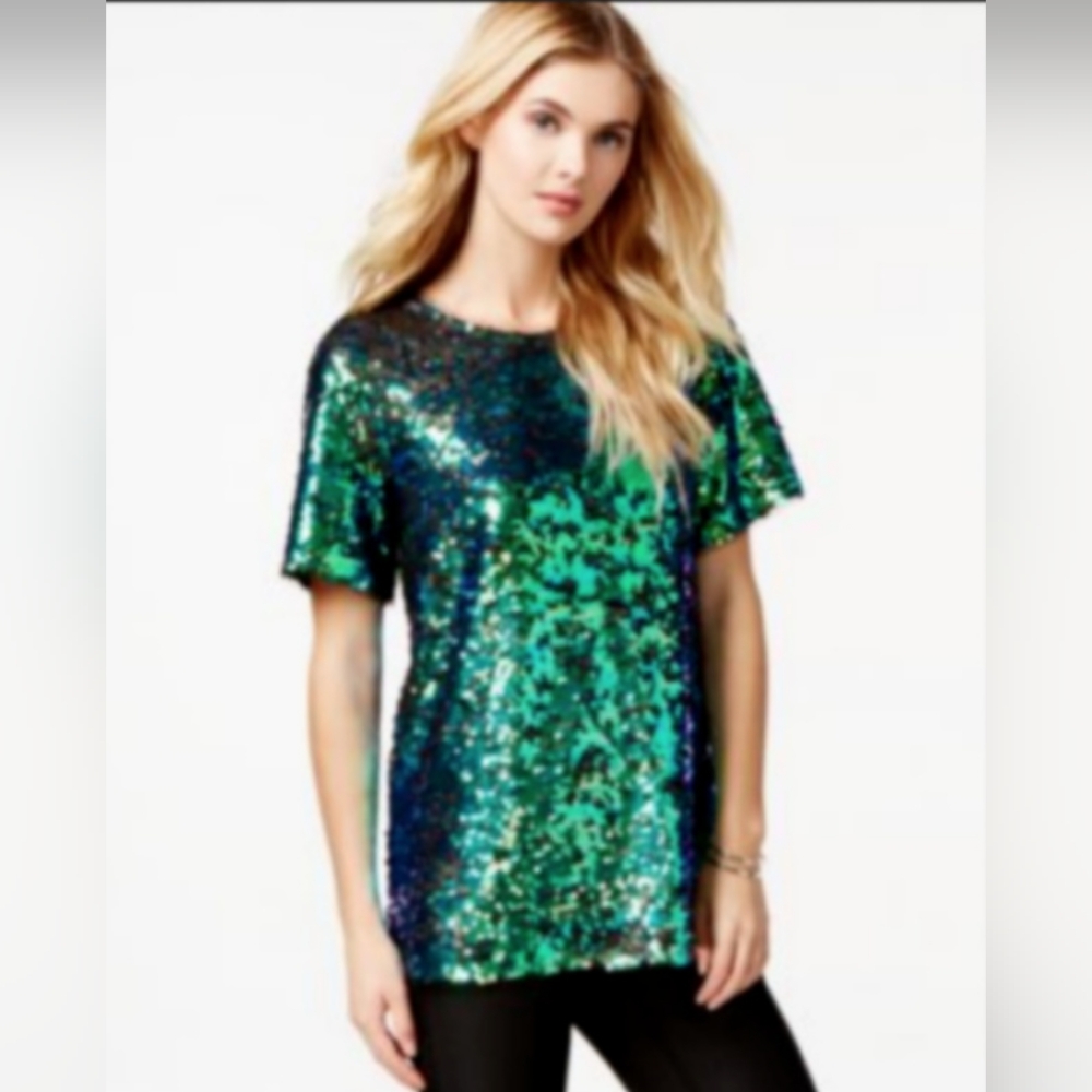 NEW Bar III Peacock Sequin Mesh Trim Top Blue Green Purple Women’s size M